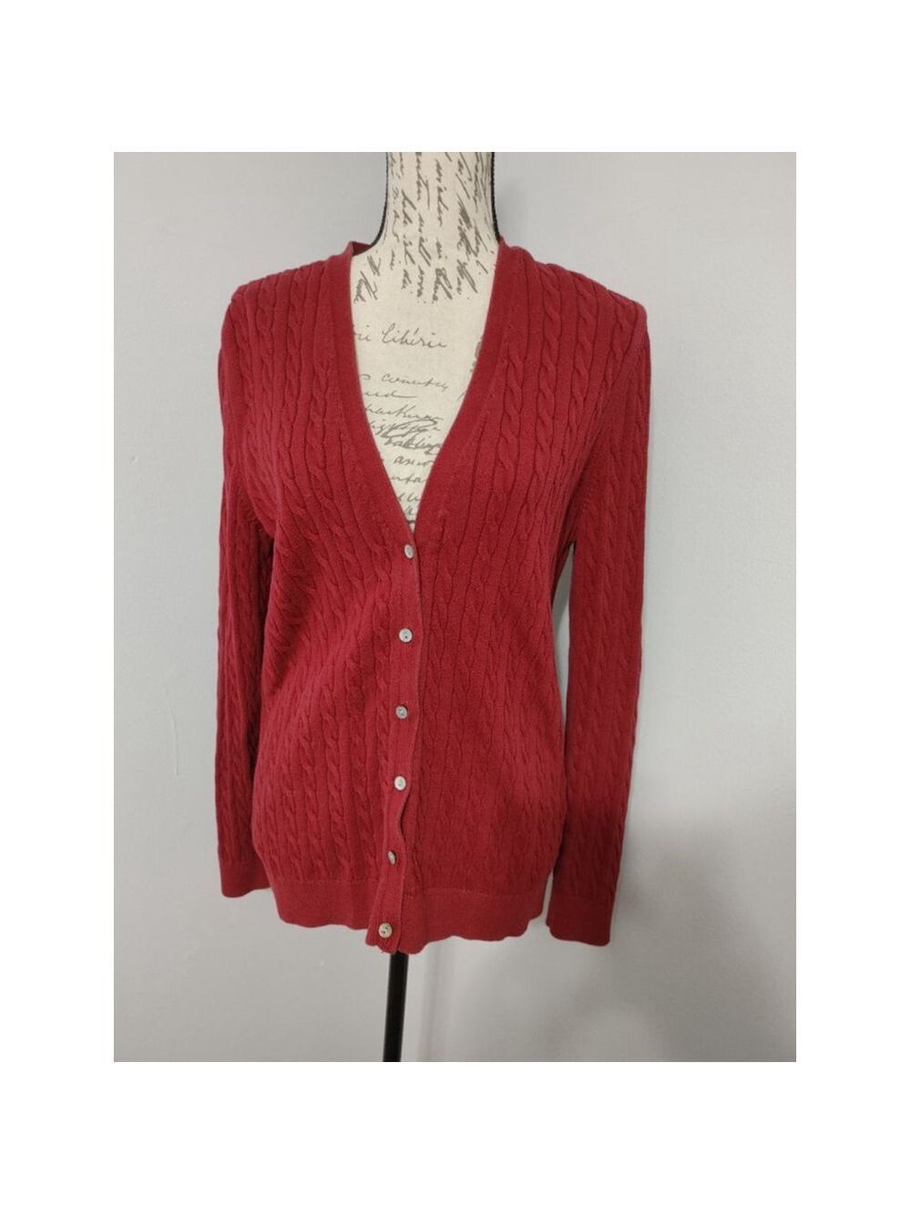 Women's Lands' End Red Cable Knit Cardigan Sweater L
